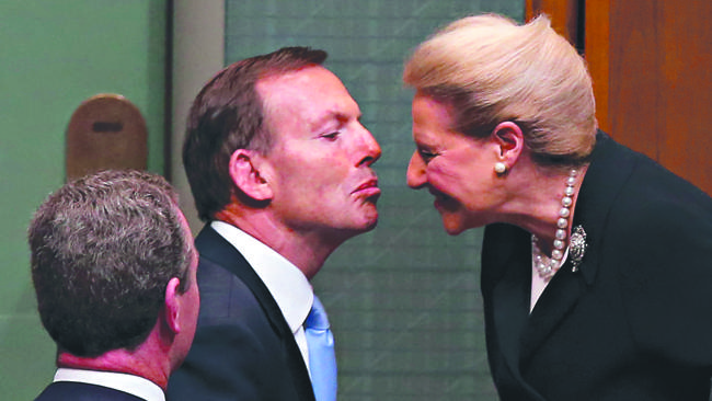 PM Tony Abbott congratulating the New Speaker Bronwyn Bishop after being elected as speaker, in the House of Representatives Chambers at the Opening of the 44th Parliament at  Parliament House in Canberra.
