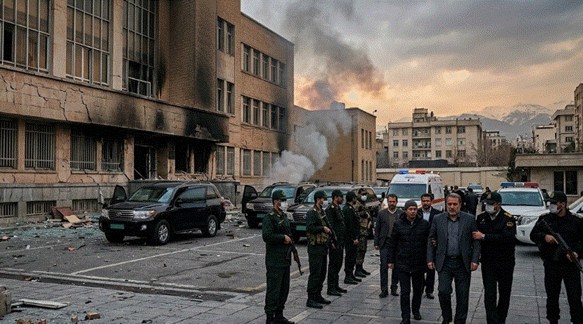لقطة افقية تظهر آثار دمار واحتراق في مبنى حكومي إيراني، مع انتشار أمني كثيف وسيارات إسعاف، ومسؤولين يغادرون الموقع وسط تصاعد الدخان في الخلفية.
