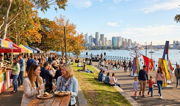 صورة بانورامية أفقية لاحتفال خريفي في متنزه مطل على ميناء سيدني، يجمع بين سوق للطعام، وأشخاص يتناولون الطعام في المقدمة، ومجموعة تمارس اليوغا، ومنحوتات فنية حديثة، مع ظهور دار الأوبرا وجسر الميناء والأفق العمراني للمدينة تحت سماء زرقاء مشمسة.