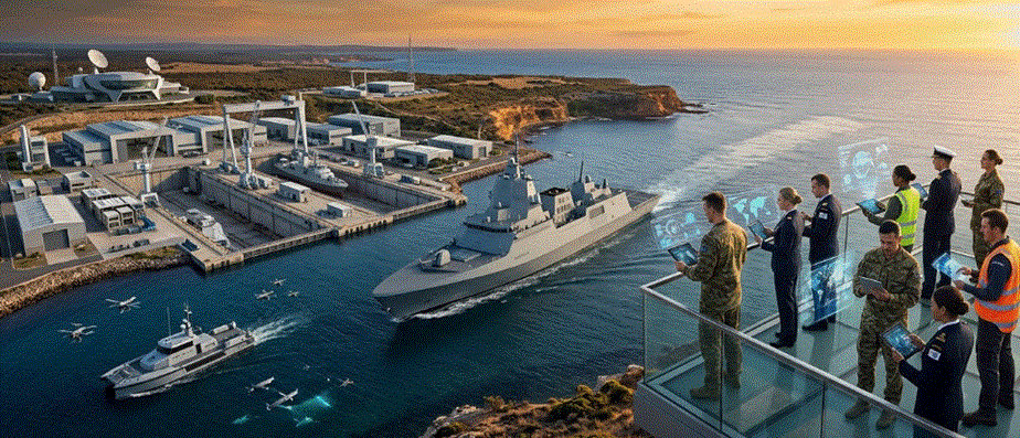 منظر بانورامي ساحلي أسترالي عند الشروق يظهر قاعدة عسكرية متطورة وبناؤون سفن يعملون. في المقدمة، يقف مجموعة من أفراد الدفاع بزي عسكري ومدني على شرفة زجاجية مطلة، ينظرون إلى الخارج ويستخدمون أجهزة لوحية تعرض واجهات رقمية مستقبلية متراكبة في الهواء. تبحر مدمرة بحرية حديثة بعيدًا عن حوض بناء سفن كبير يضم رافعات ومرافق تصنيع. تظهر طائرات بدون طيار (درونز) ومعدات عسكرية متطورة أخرى في المشهد.