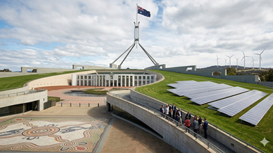 مبنى البرلمان الأسترالي في كانبيرا مع أشخاص يمشون أمامه