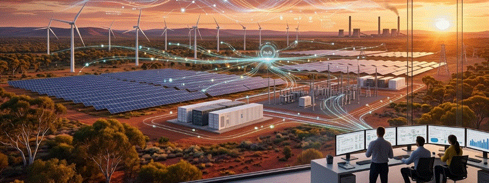 مشهد أفق لمستقبل طاقة أستراليا، يظهر مزيجاً من مزارع الرياح والألواح الشمسية ومراكز البيانات الرقمية.