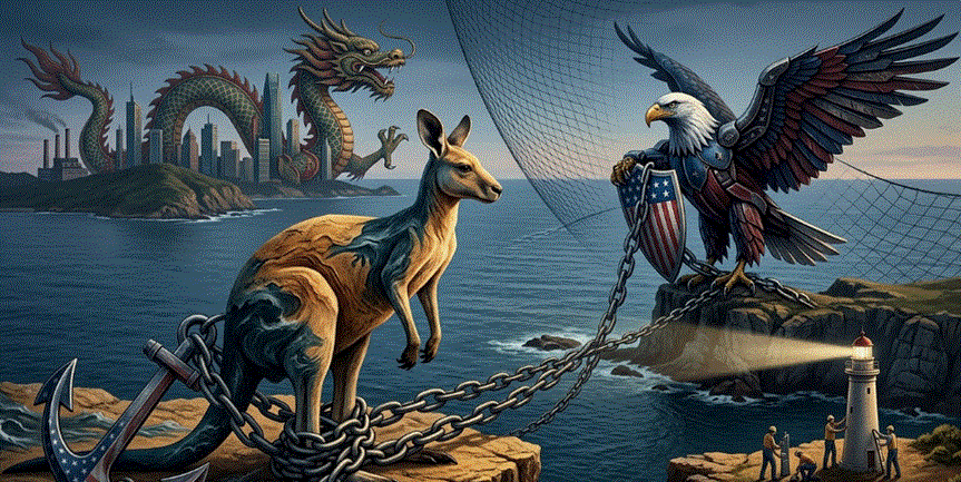 رسم فني سريالي يصور حيوان كنغر مربوطاً بسلاسل معدنية بمرساة ونجم أمريكي، بينما يقف نسر أصلح يرتدي درع العلم الأمريكي على جرف صخري في مواجهة تنين صيني ضخم يبرز من خلف مدينة ساحلية بعيدة.