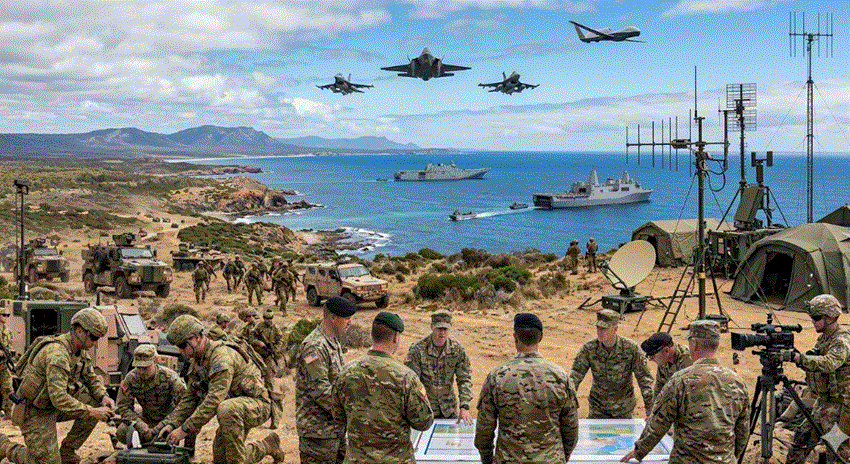 صورة أفقية شاملة لتمرين عسكري مشترك بين القوات المسلحة الأسترالية والأمريكية في منطقة ساحلية، تظهر قواتاً برية وبحرية وجوية معاً.