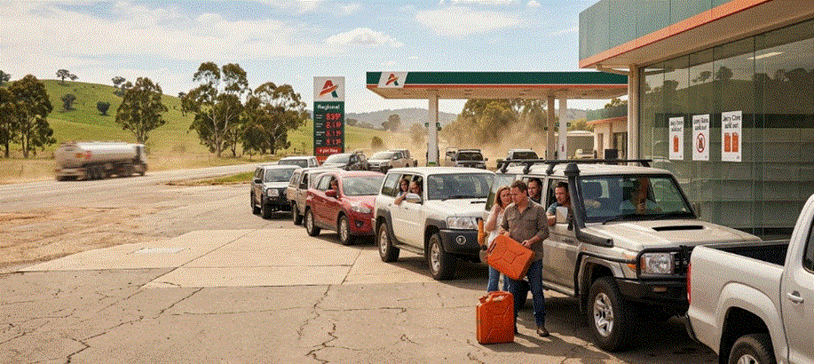 "صورة أفقية لصف طويل من السيارات والمركبات رباعية الدفع تنتظر أمام محطة وقود ريفية في أستراليا، مع رجل يمسك بعلبة وقود برتقالية وسط تهافت المواطنين، تحت سماء غائمة جزئياً."