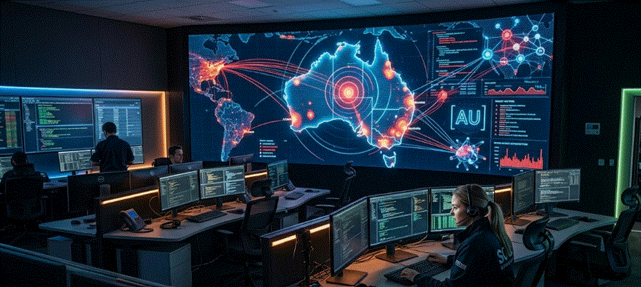 صورة لمركز عمليات الأمن السيبراني (SOC) في أستراليا، تظهر فيها شاشات عملاقة تعرض خريطة لأستراليا عليها نقاط مضيئة وتدفقات بيانات، ومحللون جالسون أمام شاشات متعددة يرتدون سماعات رأس.