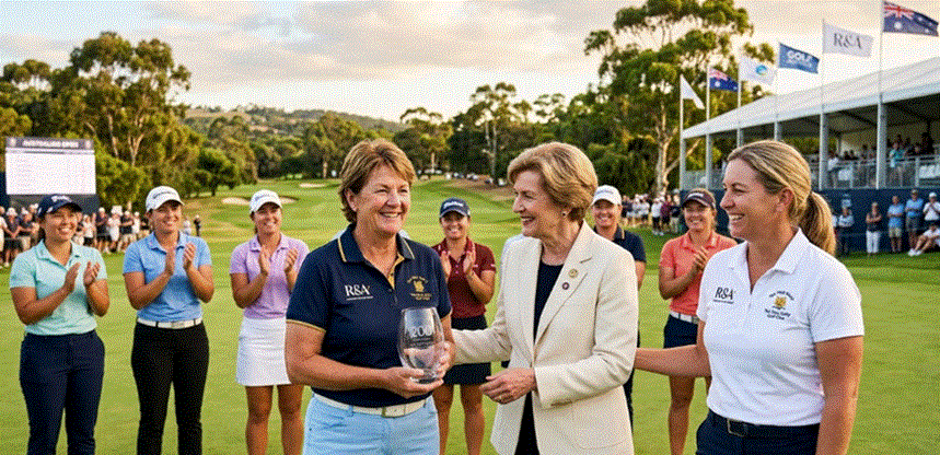 حاكمة جنوب أستراليا، فرانسيس أدامسون، ترتدي سترة بيضاء وتصافح بابتسامة مديرة الغولف النسائي في نادي تي تري غولي، غليندا ويلسون، التي تحمل كأساً زجاجياً، وبجانبهما مديرة الشؤون المالية جانيت بوتش بقميص أبيض، وسط تصفيق من لاعبات غولف أخريات على خلفية ملعب غولف أخضر واسع وأعلام وخيمة كبيرة في بطولة أستراليا المفتوحة للسيدات 2026.