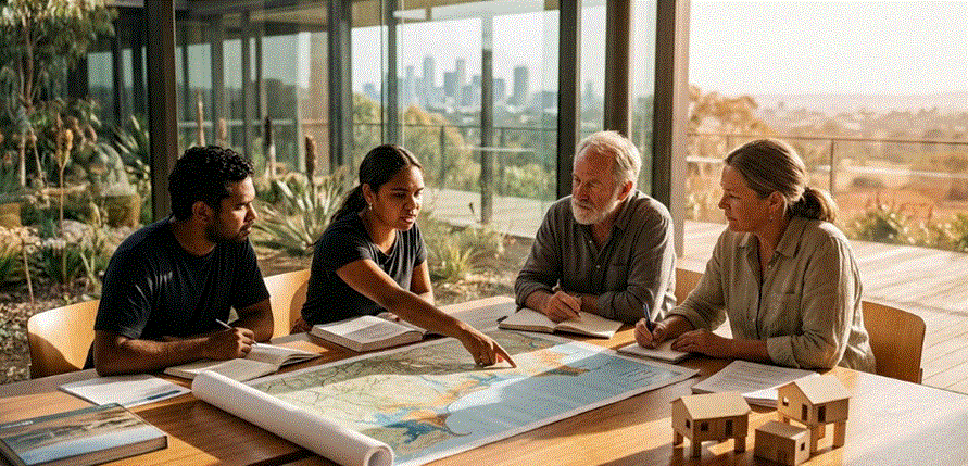 "مجموعة متنوعة من المحامين والقادة المجتمعيين يجلسون حول طاولة خشبية ويناقشون خريطة استراليا وخططاً معمارية في ورشة عمل LawHack 2026."