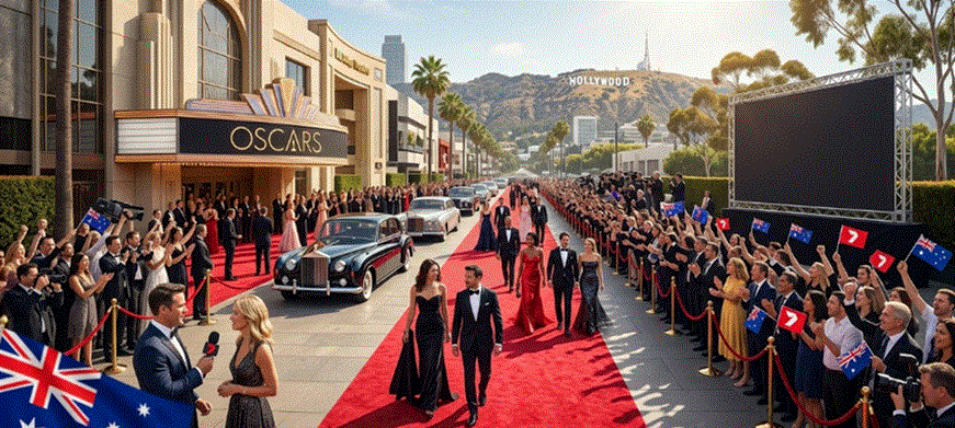 مشهد بانورامي لسجادة حمراء في هوليوود يجمع بين أعلام أستراليا وشعار قناة 7 الأسترالية، تظهر فيه حشود متحمسة تلوح بالأعلام أمام مسرح 'دولبي'، مع لافتة أوسكار (غير نصية) وشارة 'هوليوود' على التلال في الخلفية تحت سماء مشمسة.