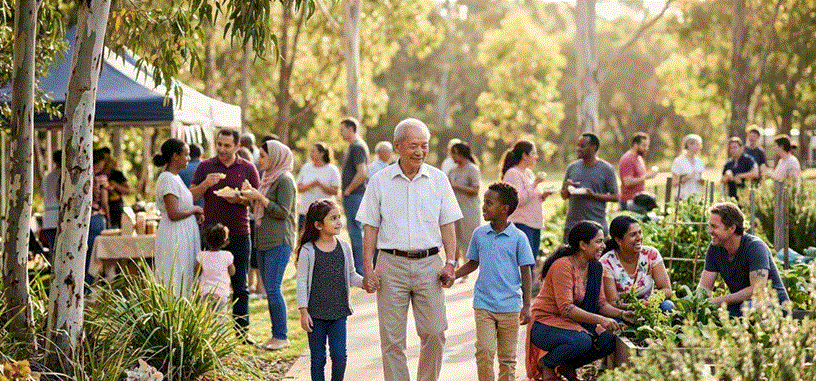 "لقطة أفقية مشمسة لمجتمع متنوع عرقياً في حديقة أسترالية. يظهر رجل آسيوي مسن يبتسم وهو يسير جنباً إلى جنب مع طفلة صغيرة ذات شعر داكن وطفل أفريقي شاب. في الخلفية، يتفاعل آخرون في سوق مجتمعي بين أشجار الأوكالبتوس."