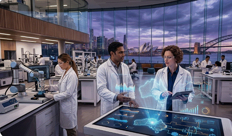 صورة توضيحية لعلماء يعملون في مختبر حديث يطل على دار أوبرا سيدني في أستراليا، مع شاشة تفاعلية تعرض خريطة أستراليا ورسوماً بيانية للبحث والتطوير.