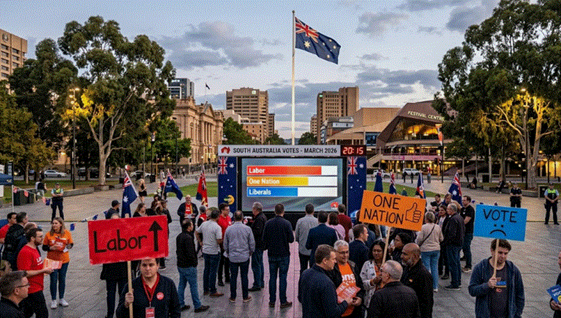 تجمع ليلي في ساحة عامة في أديلايد، جنوب أستراليا، خلال انتخابات عام 2026. يظهر حشد من الناس حول شاشة كبيرة تعرض نتائج استطلاعات الرأي التي تُظهر حزب العمال في المقدمة، يليه حزب أمة واحدة، ثم الحزب الليبرالي. المتظاهرون يحملون لافتات ملونة غير مقروءة بوضوح، تعكس الأجواء الانتخابية الحماسية مع وجود أعلام أسترالية في الخلفية.
