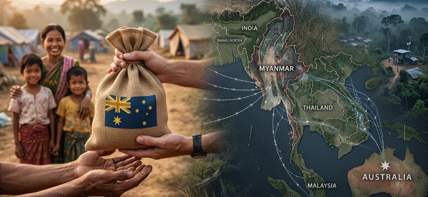 صورة تعبيرية مقسمة إلى جانبين: الجانب الأيسر يظهر يداً أسترالية تقدم كيس مساعدات إنسانية لعائلة نازحة في مخيم، والجانب الأيمن يظهر خريطة جيوستراتيجية لميانمار وجوارها الإقليمي مع خطوط اتصال ممتدة نحو أستراليا ترمز للتداعيات الأمنية والهجرة.