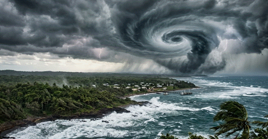 صورة بانورامية تظهر إعصارًا استوائيًا ضخمًا ومدمّرًا يقترب من ساحل استوائي مأهول بالسكان. عاصفة حلزونية كثيفة في السماء، أمواج هائجة تضرب الشاطئ، وأشجار نخل تتمايل بشدة بفعل الرياح القوية، مع ومضات من البرق.