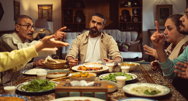 عائلة تجلس حول مائدة الطعام وتتبادل نقاشاً حاداً يعكس اختلاف الآراء السياسية بين أفراد الأسرة.